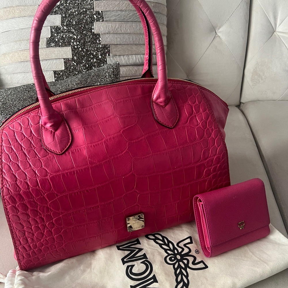 MCM Hot Pink Croc-Embossed Dome Satchel with Matching Pink Wallet